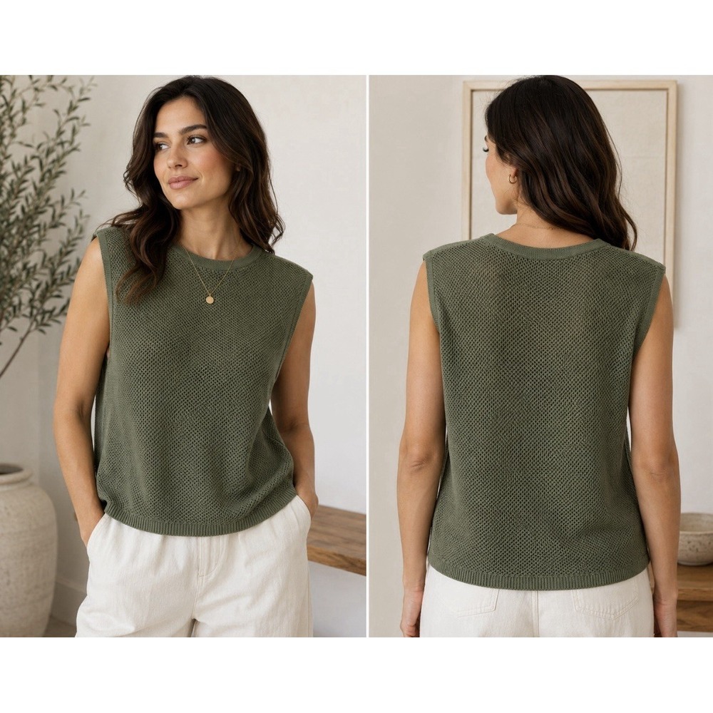 Talbots 100% Cotton Womens S/M Sweater Green Sleeve Boat-neck Rounded Hem
